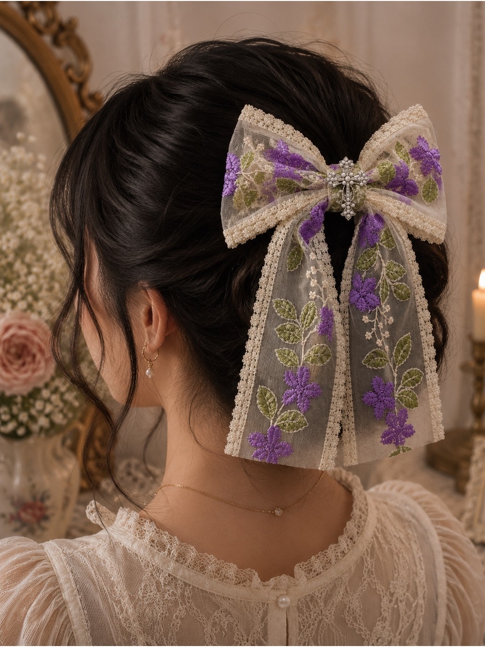 Fairycore Romantic Purple Floral Lace Pearl Cross Hair Bow